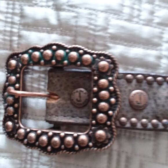 Rare Double J Saddlery H Western Leather Belt with studs and metal cross shields - Picture 2 of 7